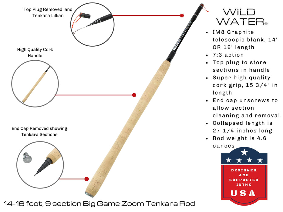 Wild Water Tenkara Zoom Fly Fishing Kit 14-16 ft Big Game Rod