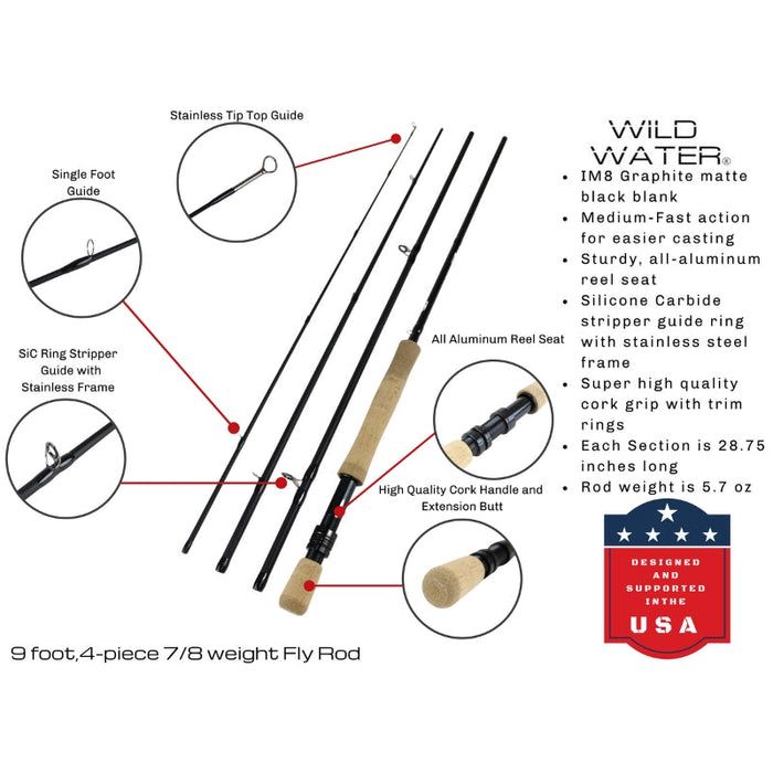 Wild Water Fly Fishing Kit, 9' 7/8 Weight Rod and CNC Reel Package