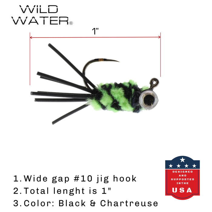 Bluegill Candy Jig, Size 10 | Black/Chartreuse | Quantity 6 | Wild Water Fly Fishing