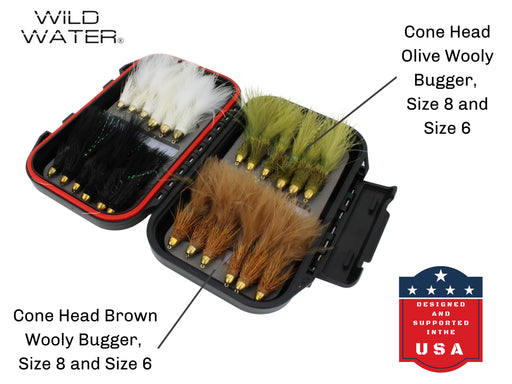 Cone Head Wooly Bugger Fly Assortment, 24 Flies with Small Fly Box | Wild Water Fly Fishing