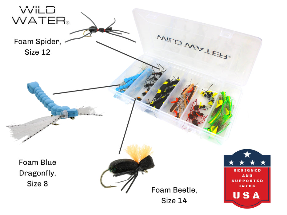 Wild Water Foam Fly Assortment, 40 Flies with Large 6 Section Fly Box