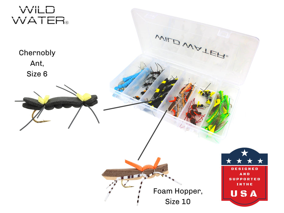 Wild Water Foam Fly Assortment, 40 Flies with Large 6 Section Fly Box