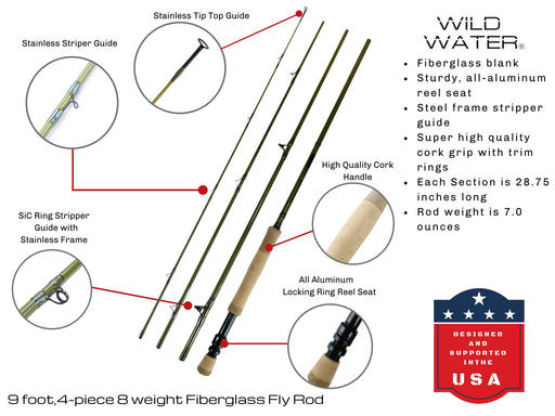 Wild Water Fly Fishing Kit with Fiberglass Rod 9 ft, 4-Piece, 8 wt Rod