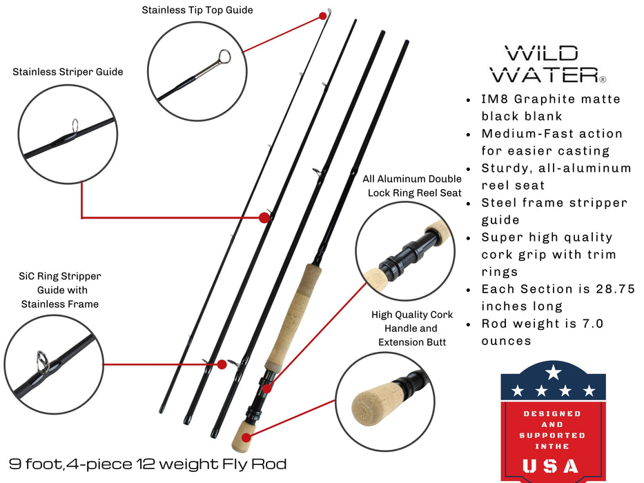 Wild Water Standard Fly Fishing Combo 9 ft, 4-Piece, 12 wt Rod