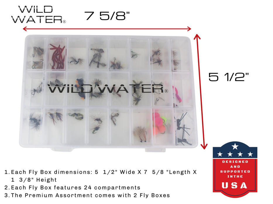 Wild Water Premium Fly Assortment, 123 Flies with 2 Clear Fly Boxes