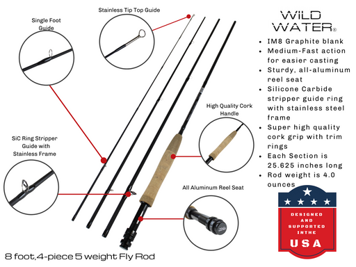 Wild Water Deluxe Fly Fishing Kit, 8 ft 5 wt 4 piece Rod