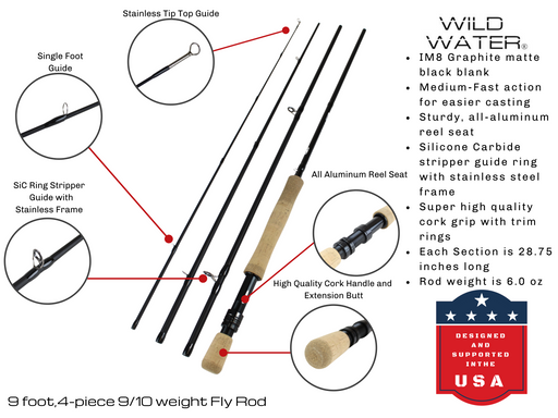 Wild Water Fly Fishing Kit, 9' 9/10 Weight Rod and CNC Reel Package