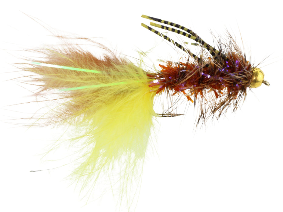 Yellow and Brown Rubber Leg Bead Head Wooly Bugger Fly | Wild Water Fly Fishing